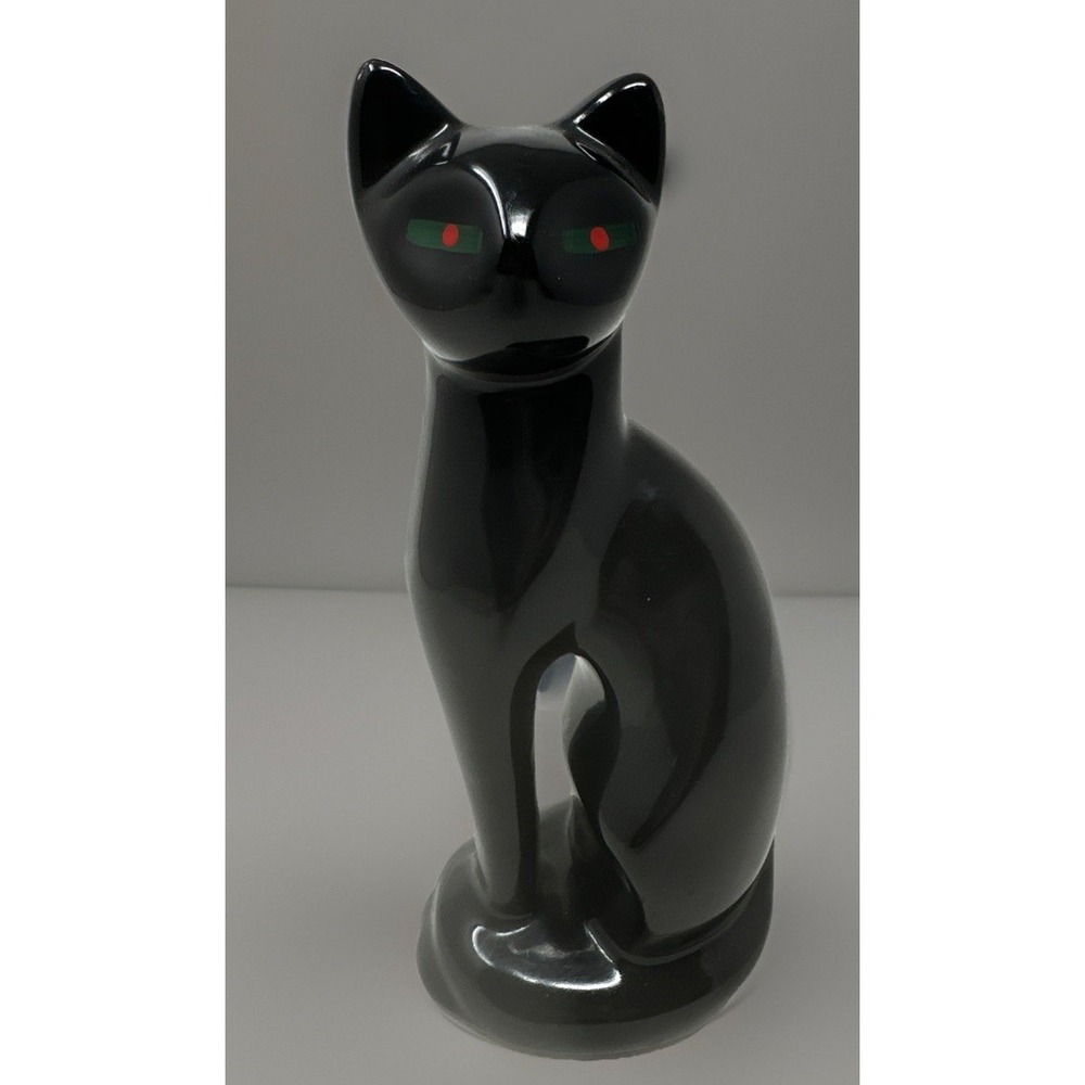 Vintage Siamese Black Cat Figurine Green Red Eyes Ceramic MCM 8.5"
